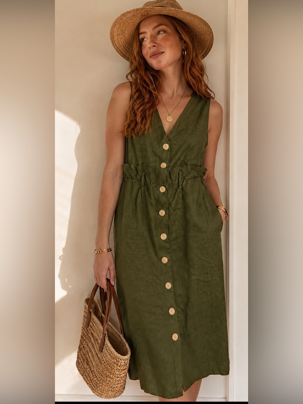 Moss Green 100% Linen Midi Dress • Size 6 • Cottagecore Coastal Minimalist